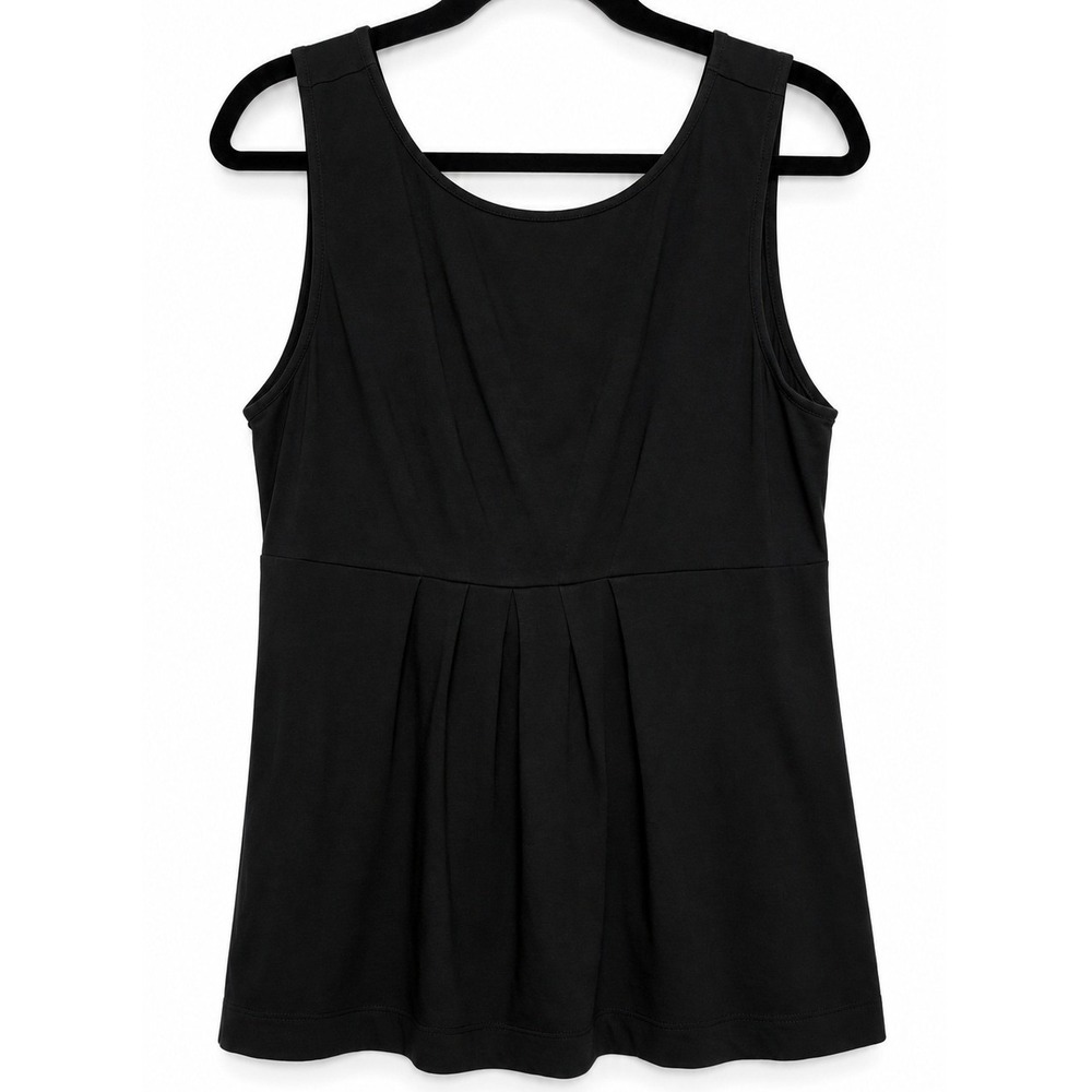 Theory Black Babydoll Tank Top L Scoop Neck V Back Pleated Stretch Cotton